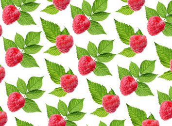 Image of Pattern of fresh ripe raspberries and green leaves on white background