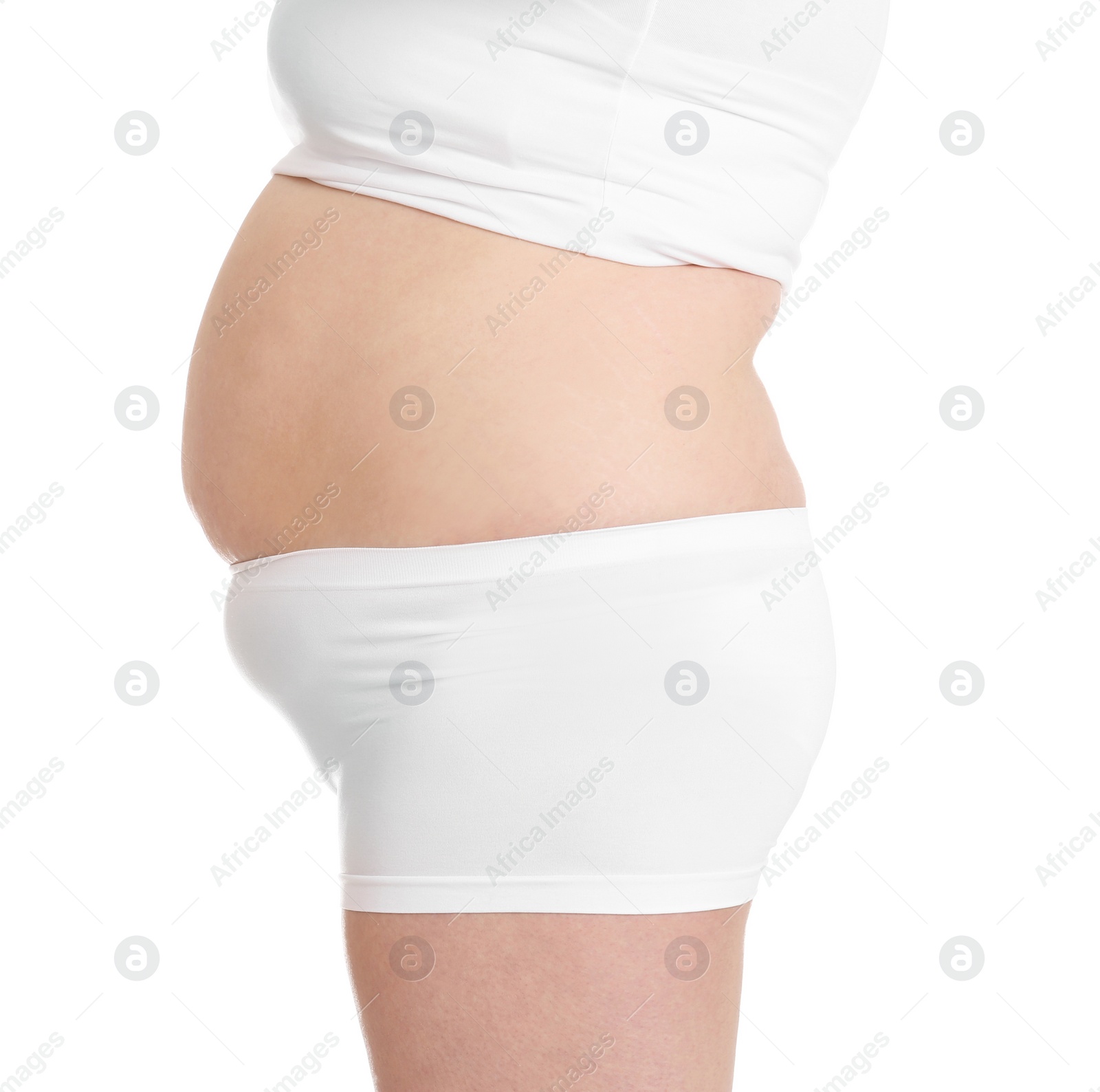 Photo of Overweight woman on white background, closeup. Weight loss