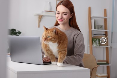 Photo of Woman with cat working at desk. Home office
