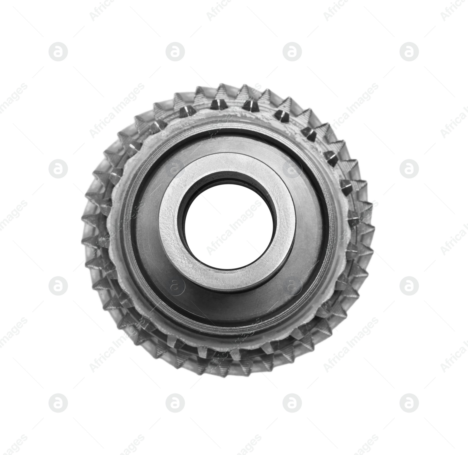 Photo of Stainless steel gears on white background, top view