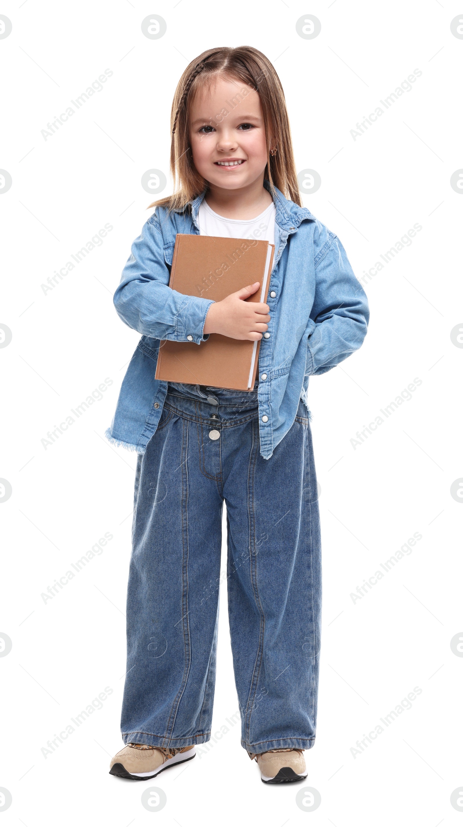 Photo of Cute little girl with book on white background