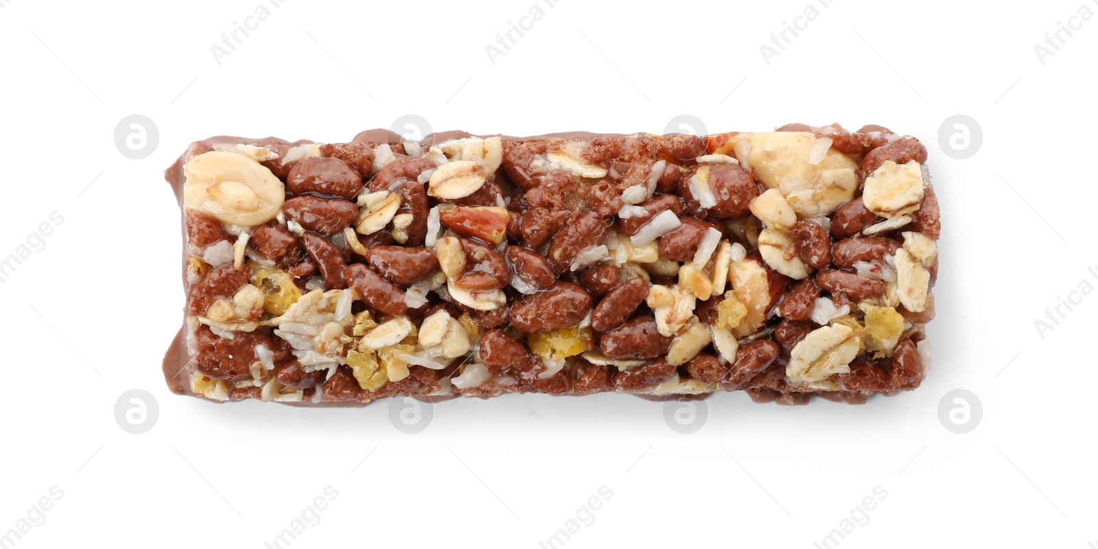 Photo of Tasty protein bar on white background, top view