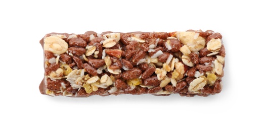 Photo of Tasty protein bar on white background, top view