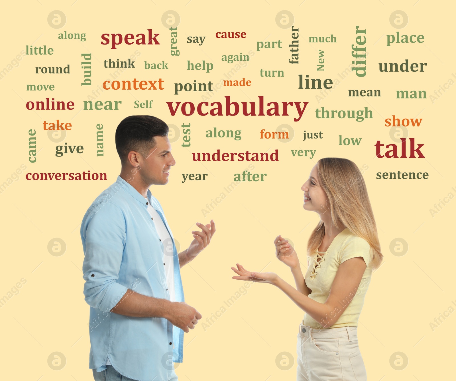 Image of Man and woman talking surrounded by word cloud on yellow background 