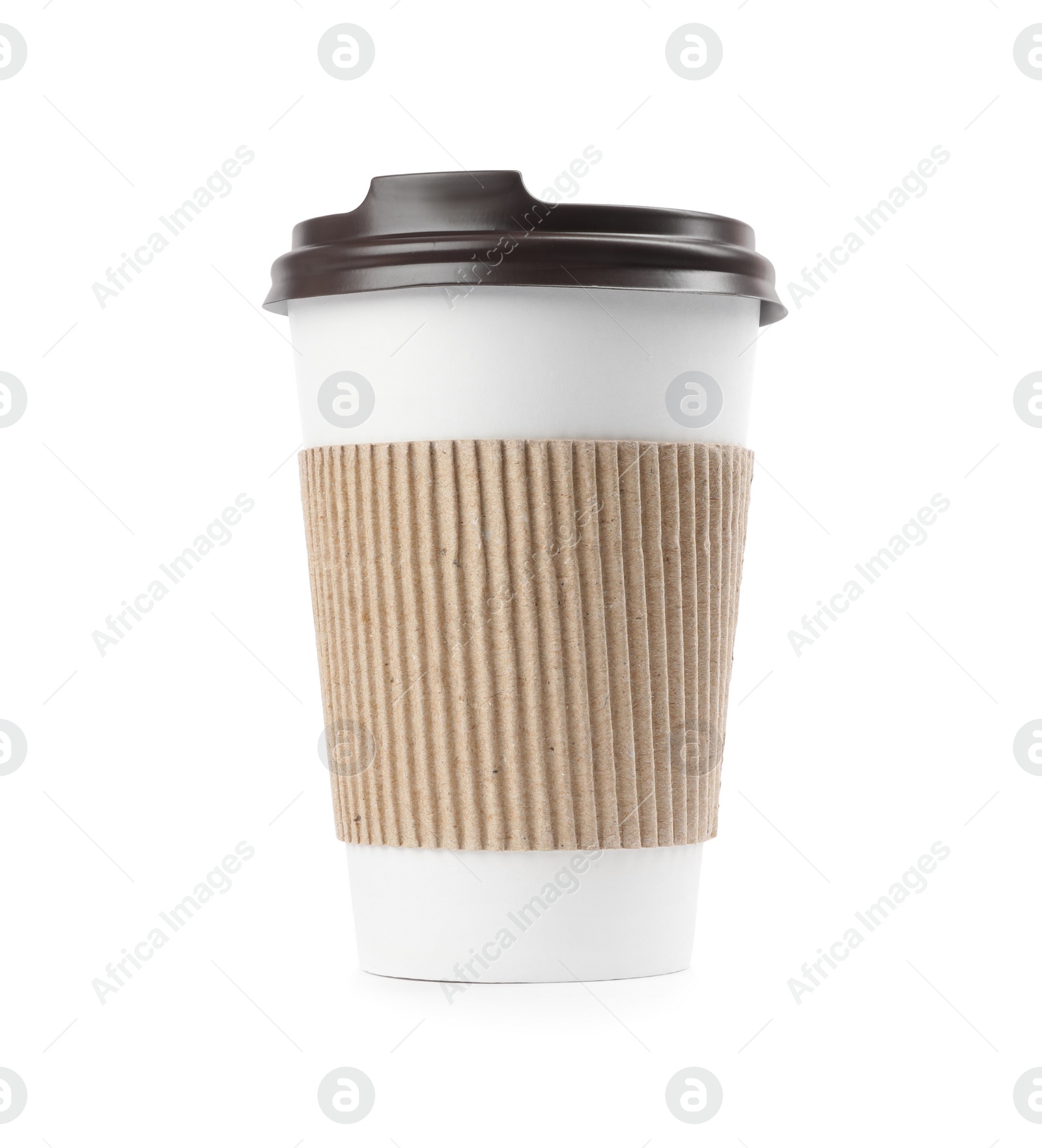 Photo of Takeaway paper coffee cup with cardboard sleeve isolated on white