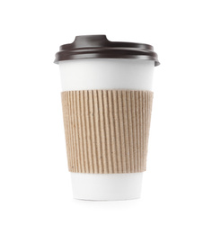 Photo of Takeaway paper coffee cup with cardboard sleeve isolated on white