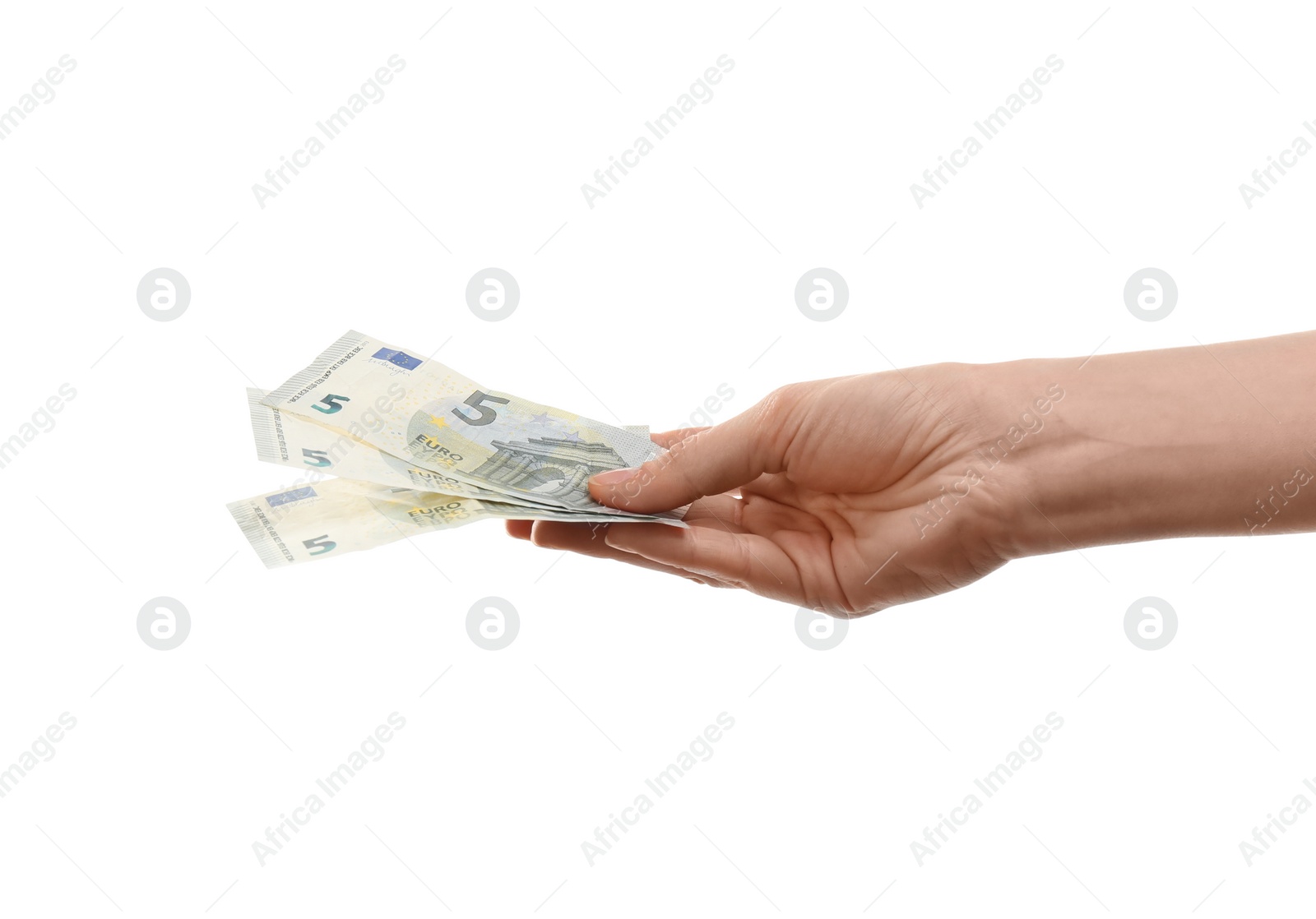 Photo of Woman with money on white background, closeup