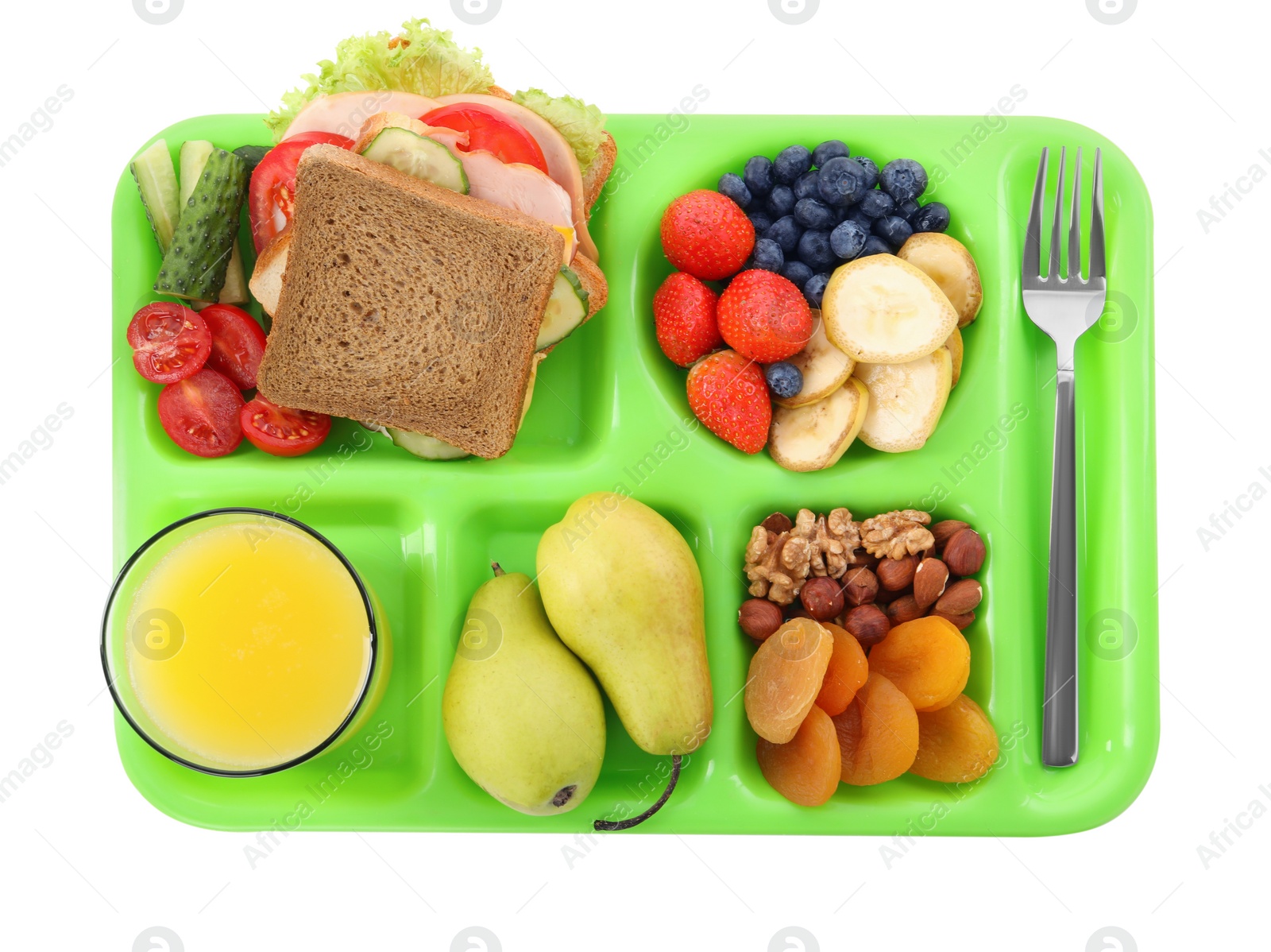 Photo of Serving tray with tasty healthy food and juice isolated on white, top view. School dinner