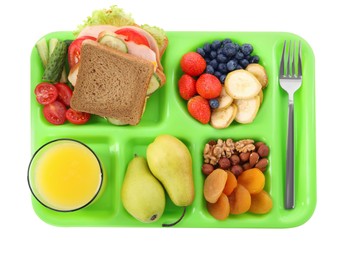 Serving tray with tasty healthy food and juice isolated on white, top view. School dinner