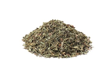 Photo of Pile of dry tarragon isolated on white