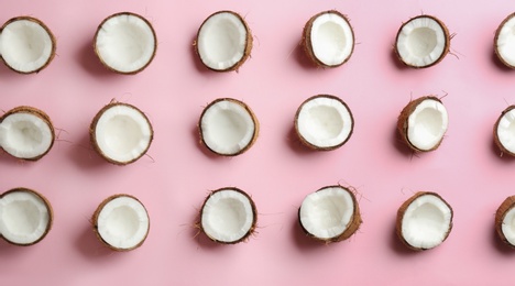 Coconut pattern on color background, flat lay