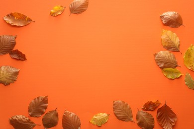 Photo of Autumn leaves on orange background, flat lay. Space for text