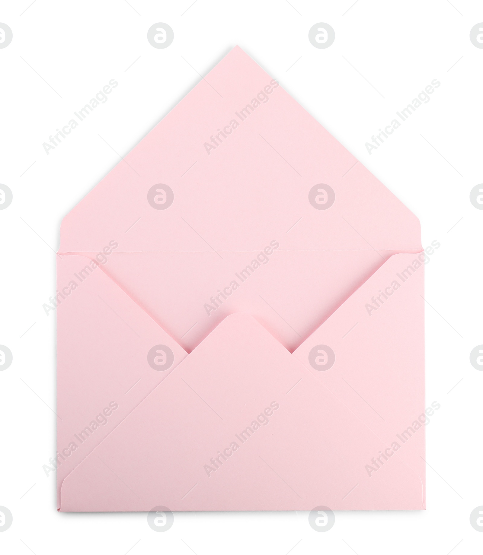 Photo of Open pink letter envelope isolated on white, top view