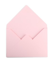 Open pink letter envelope isolated on white, top view