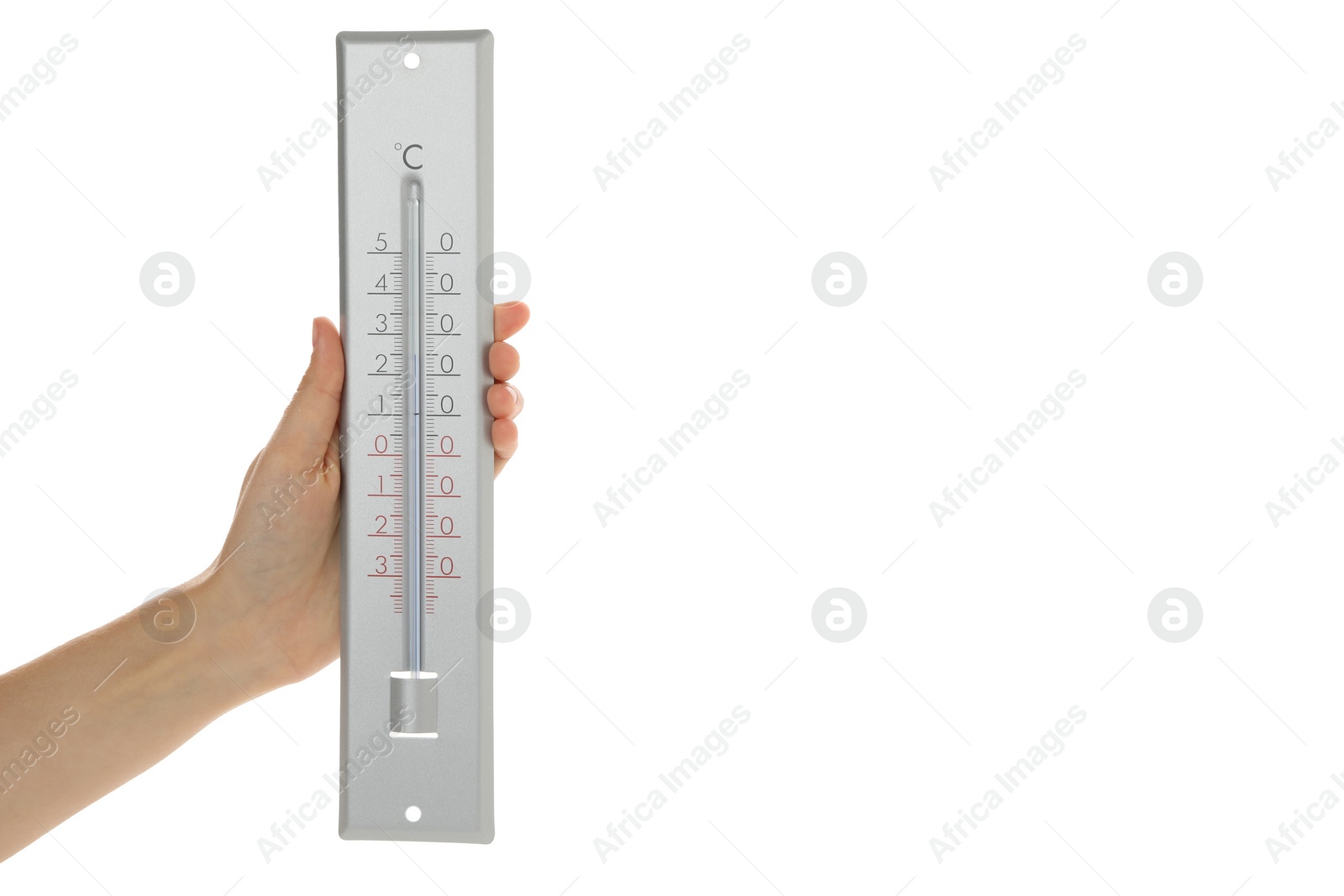 Photo of Woman holding weather thermometer on white background, closeup