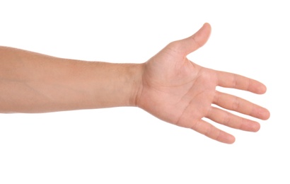 Photo of Man reaching hand for shake on white background, closeup