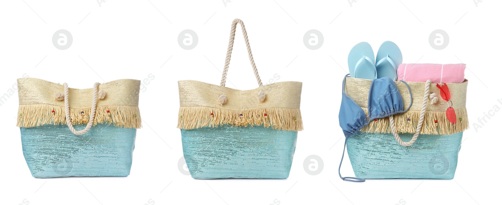 Image of Set with stylish bags and beach accessories on white background. Banner design