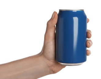 Photo of Woman holding blue aluminum can on white background, closeup