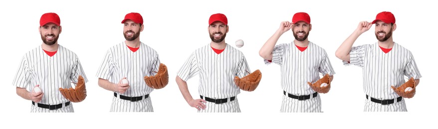 Image of Baseball player with leather glove and ball on white background, set of photos