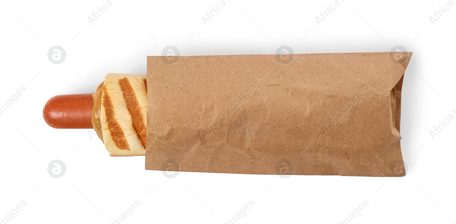 Photo of Tasty french hot dog with mustard isolated on white, top view