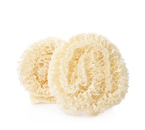 Natural shower loofah sponges on white background