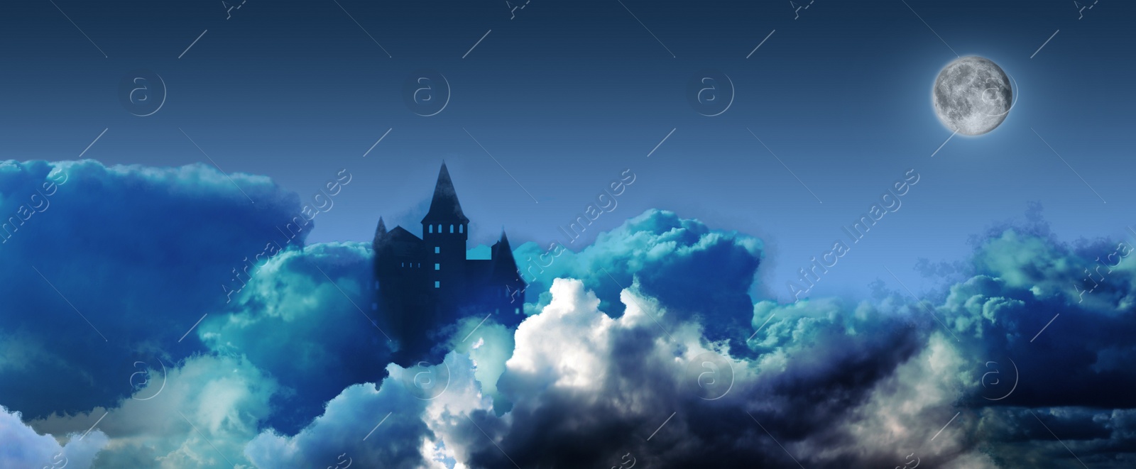 Image of Fairy tale world. Mysterious castle surrounded by clouds under sky with full moon, banner design