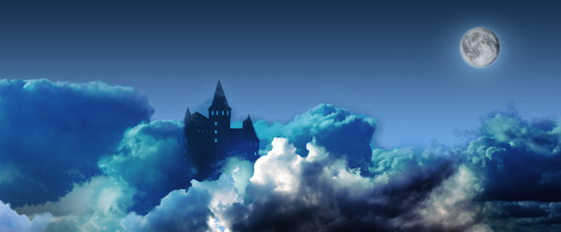 Image of Fairy tale world. Mysterious castle surrounded by clouds under sky with full moon, banner design