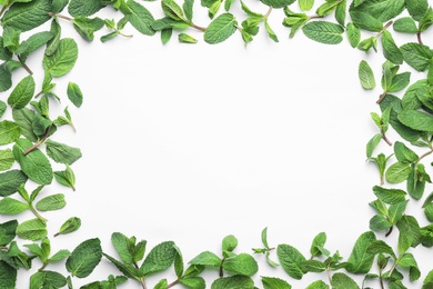 Frame made of fresh green mint leaves on white background, top view. Space for text