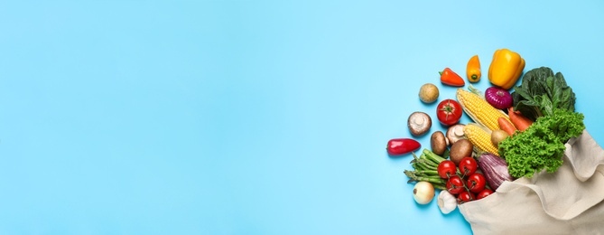 Image of Many fresh different vegetables on light blue background, top view with space for text. Banner design 