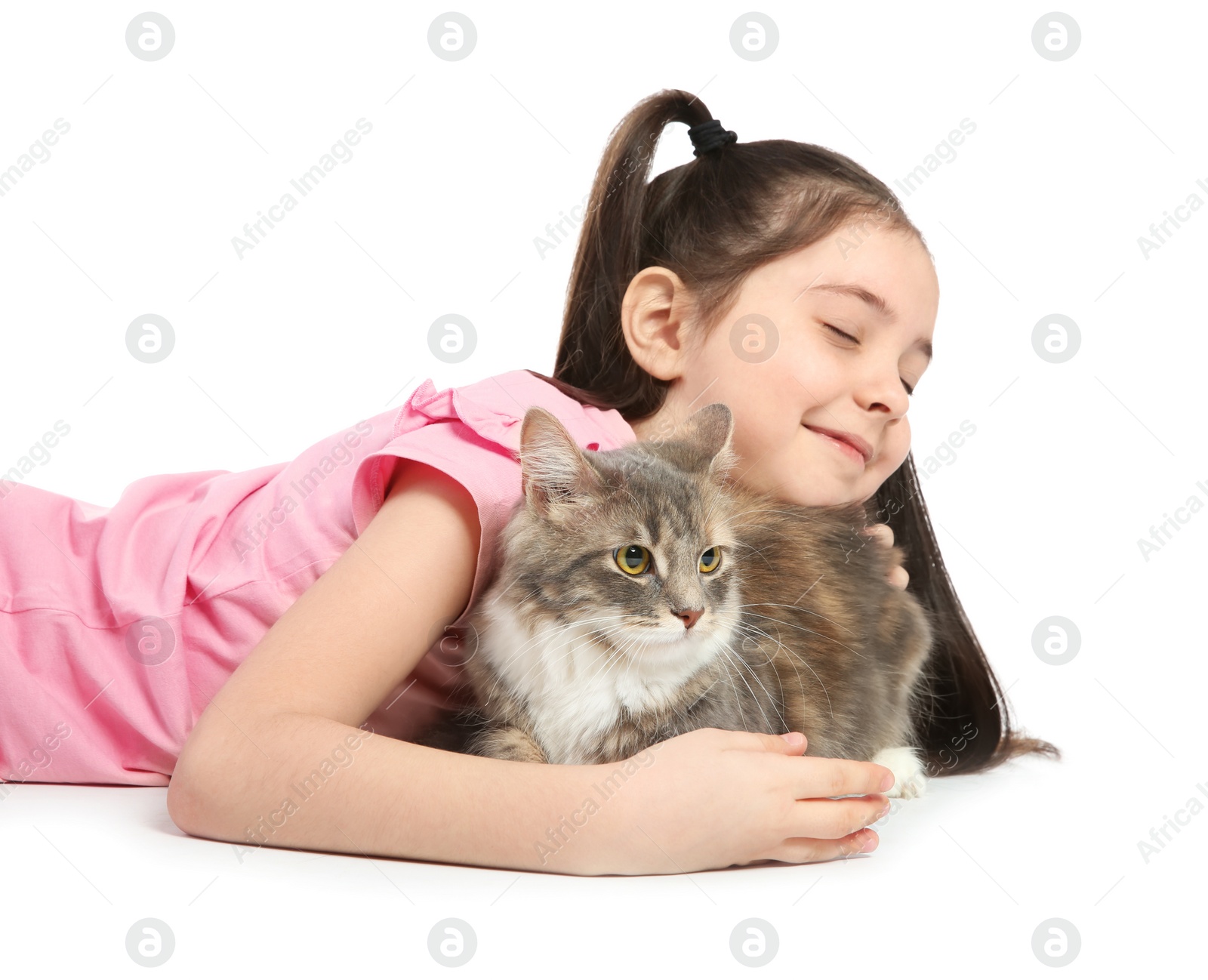 Photo of Cute little girl with cat on white background