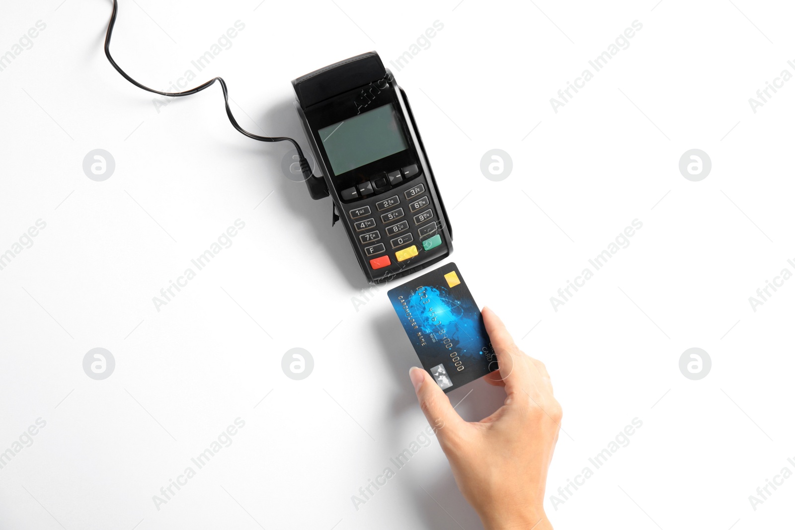 Photo of Woman using modern payment terminal on white background, top view