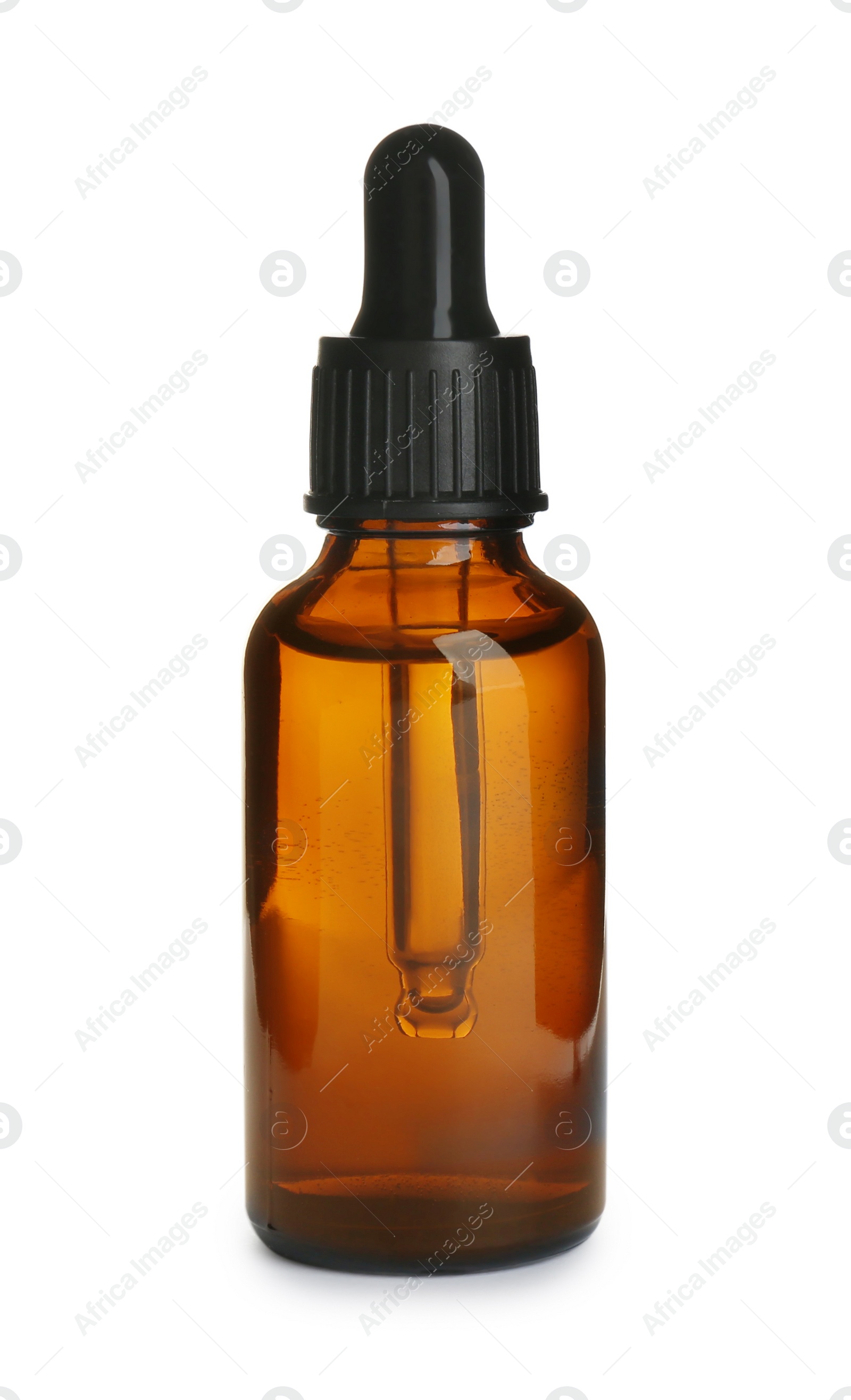 Photo of Little glass bottle with essential oil on white background