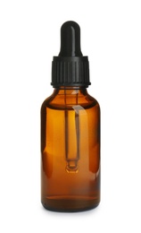 Photo of Little glass bottle with essential oil on white background