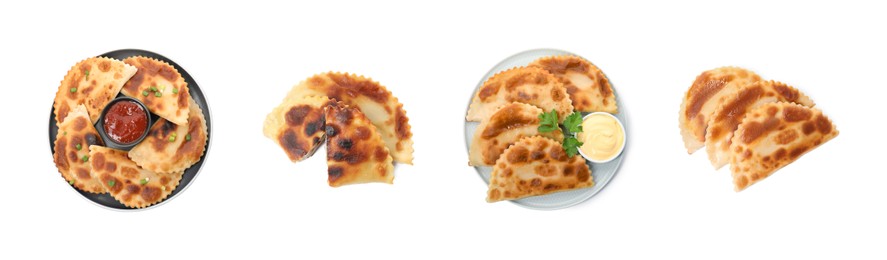 Set with delicious fried chebureki on white background, top view. Banner design