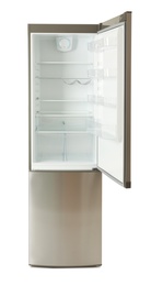 Photo of Modern refrigerator with open door on white background