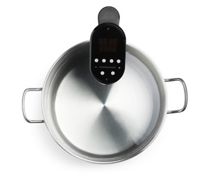 Photo of Thermal immersion circulator in pot isolated on white, top view. Sous vide cooker