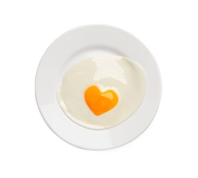 Image of Plate with tasty fried egg with yolk in shape of heart on white background, top view