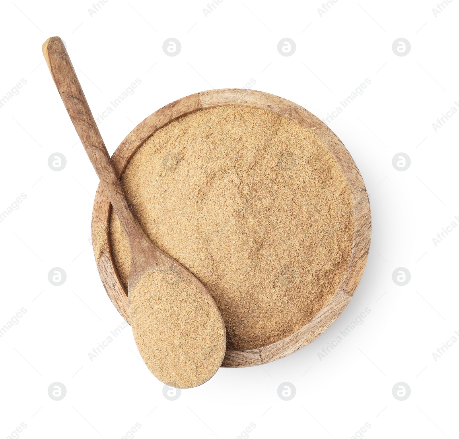 Photo of Dietary fiber. Psyllium husk powder in bowl and spoon isolated on white, top view