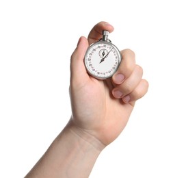 Photo of Man holding vintage timer on white background, closeup