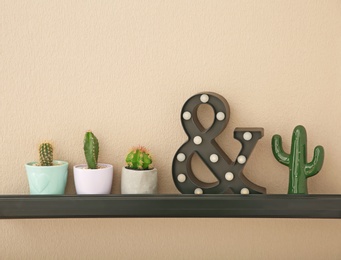 Shelf with beautiful cacti on color wall