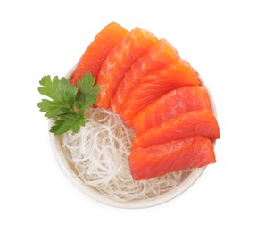 Photo of Delicious salmon sashimi served with funchosa and parsley isolated on white, top view