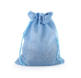 Photo of One tied light blue burlap bag isolated on white