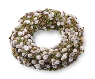 Photo of Wreath made of beautiful willow flowers isolated on white