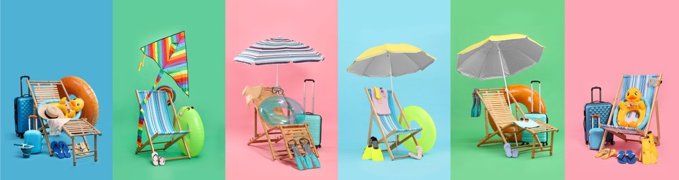 Image of Deck chairs and beach accessories, set with different color backgrounds