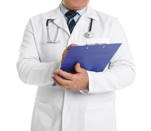 Photo of Senior doctor with clipboard on white background, closeup