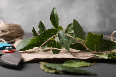 Photo of Fresh green bay leaves, secateurs and twine on grey table, closeup