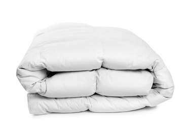 Photo of Folded clean blanket on white background. Household textile