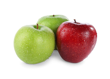 Photo of Fresh juicy green and red apples with water drops isolated on white