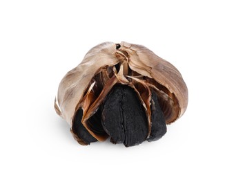 Photo of One bulb of fermented black garlic isolated on white