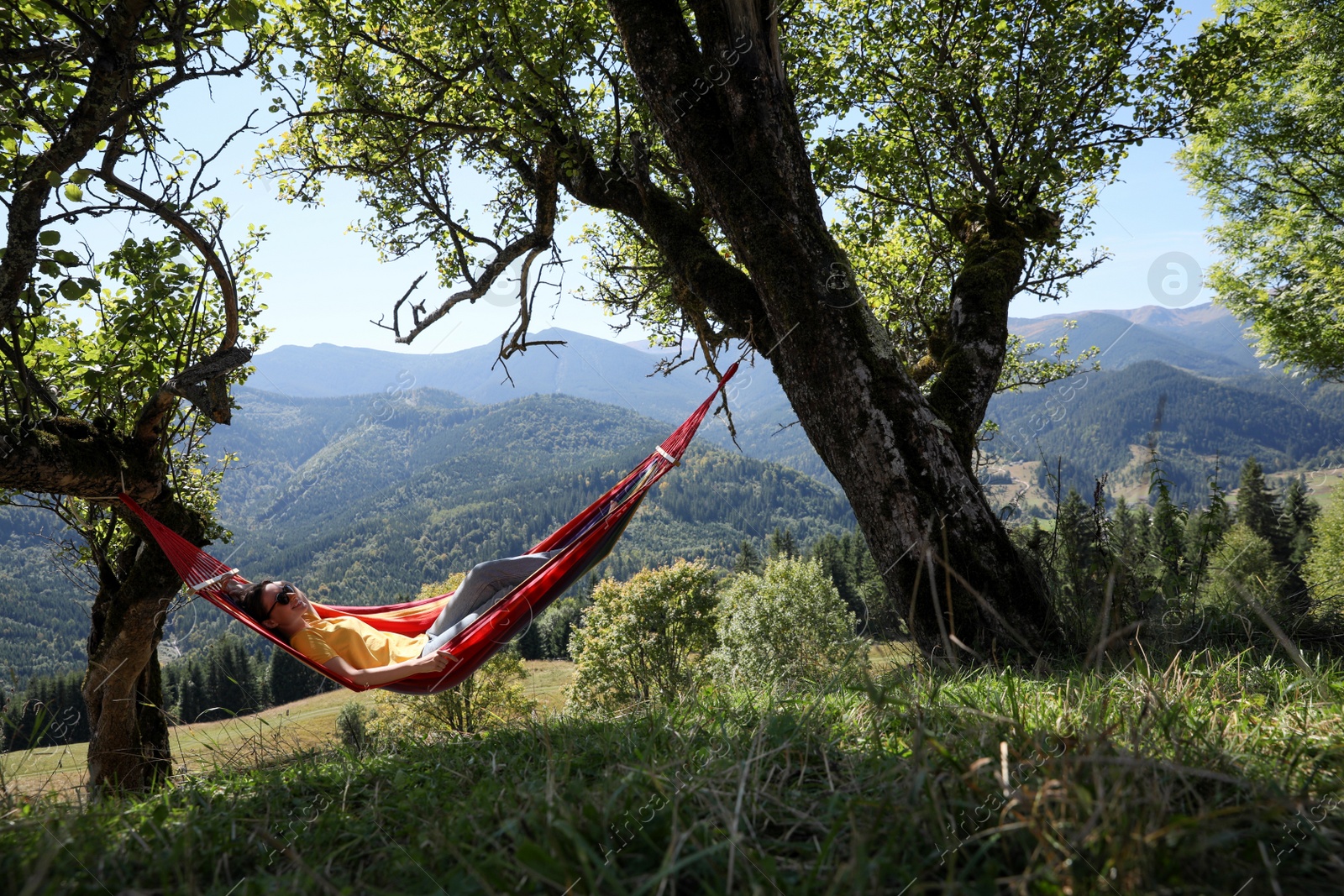 Photo of Young woman resting in hammock outdoors on sunny day